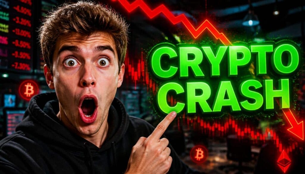 CRYPTO CRASH YouTube thumbnail featuring a shocked young man in a black hoodie pointing at glowing neon green text with red Bitcoin charts crashing in background - finance youtube thumbnail prompt example