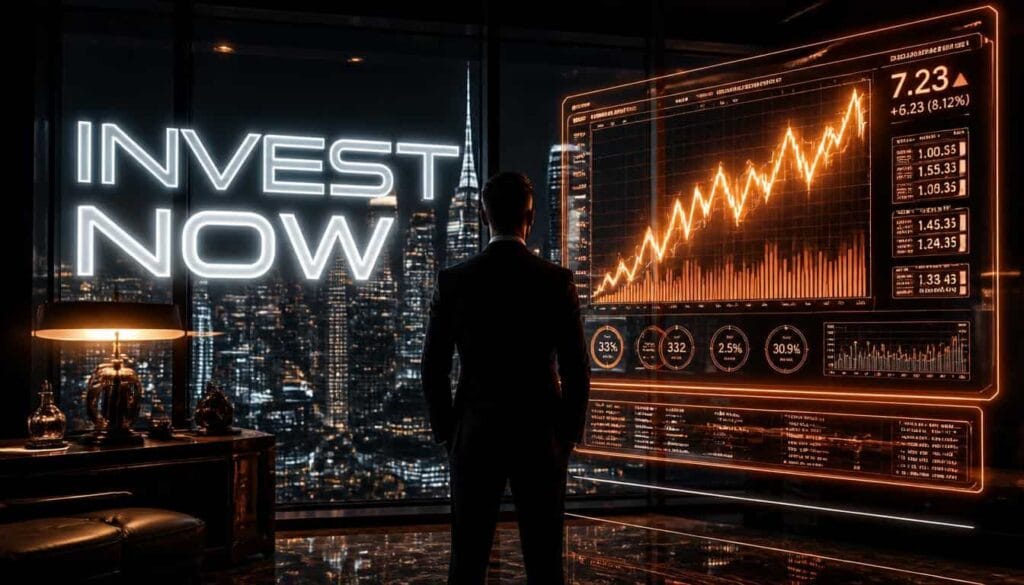 INVEST NOW YouTube thumbnail with wealthy entrepreneur silhouette watching holographic stock market graphs in luxury New York high-rise office at night - finance youtube thumbnail prompt example
