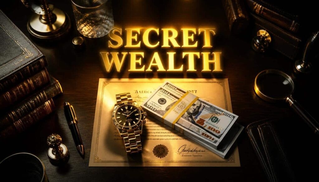 SECRET WEALTH YouTube thumbnail featuring gold Rolex watch, stacked US hundred dollar bills, and glowing golden text on a luxury mahogany desk - finance youtube thumbnail prompt example