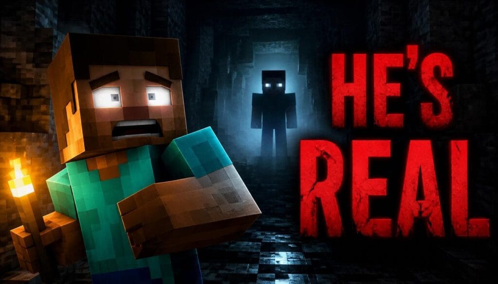Example result of Minecraft mystery adventure thumbnail AI prompt - scared Steve in dark cave with glowing eyes figure and HE'S REAL text