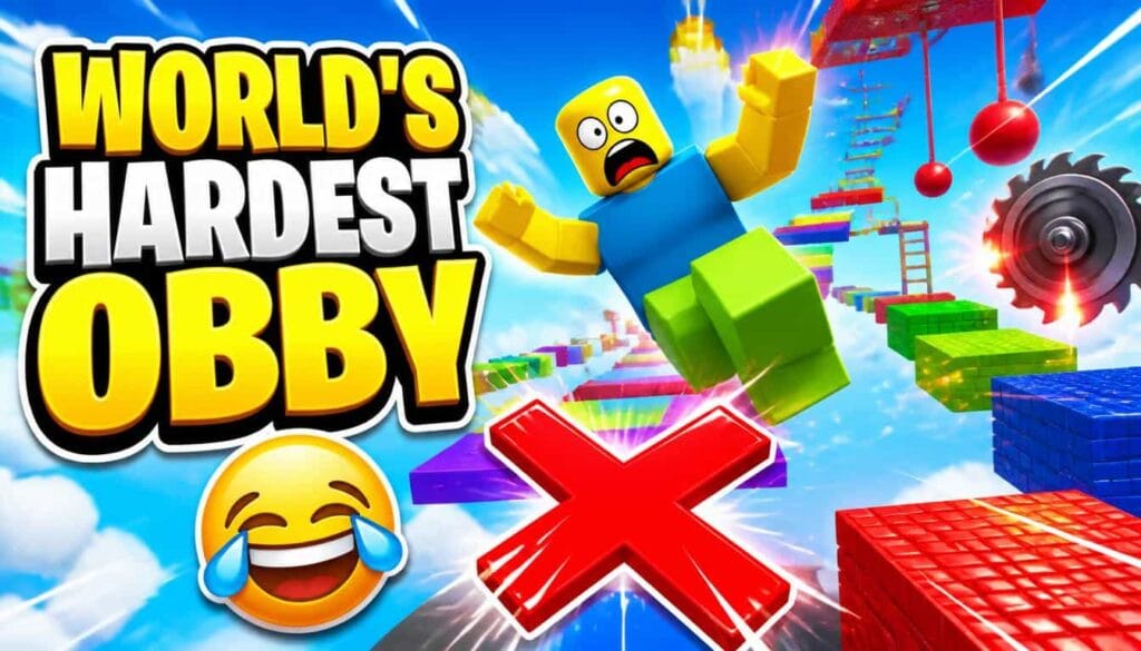 Example result of Roblox funny fail obby thumbnail AI prompt - noob character falling with red X, crying laughing emoji and WORLD'S HARDEST OBBY text