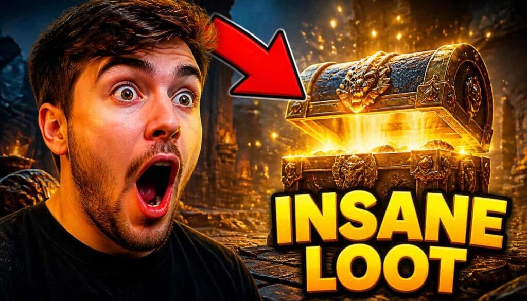 Example result of MrBeast-inspired INSANE LOOT YouTube thumbnail prompt - surprised creator with glowing treasure chest and red arrow