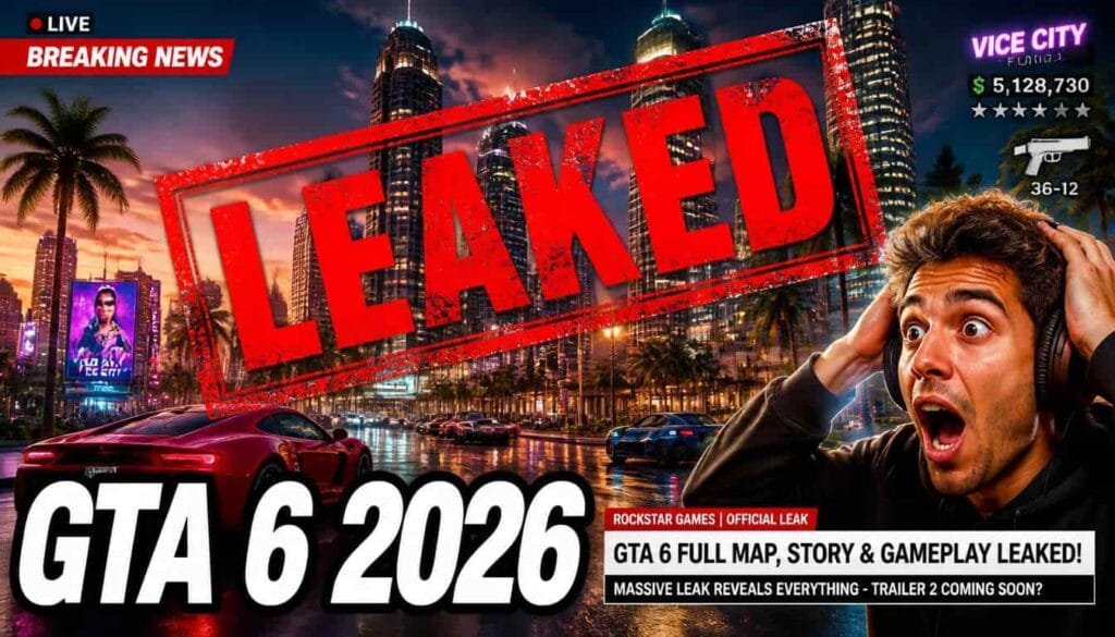Example result of GTA 6 News Update thumbnail AI prompt - LEAKED stamp over Vice City skyline with shocked gamer and GTA 6 2026 text