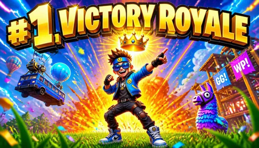 Example result of Fortnite Victory Royale thumbnail AI prompt - cartoon character with crown, Battle Bus, Loot Llama, and #1 VICTORY ROYALE text