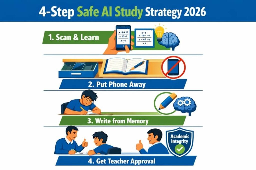 Infographic showing 4-step safe AI study strategy for 2026: scan and learn, put phone away, write from memory, get teacher approval for academic integrity