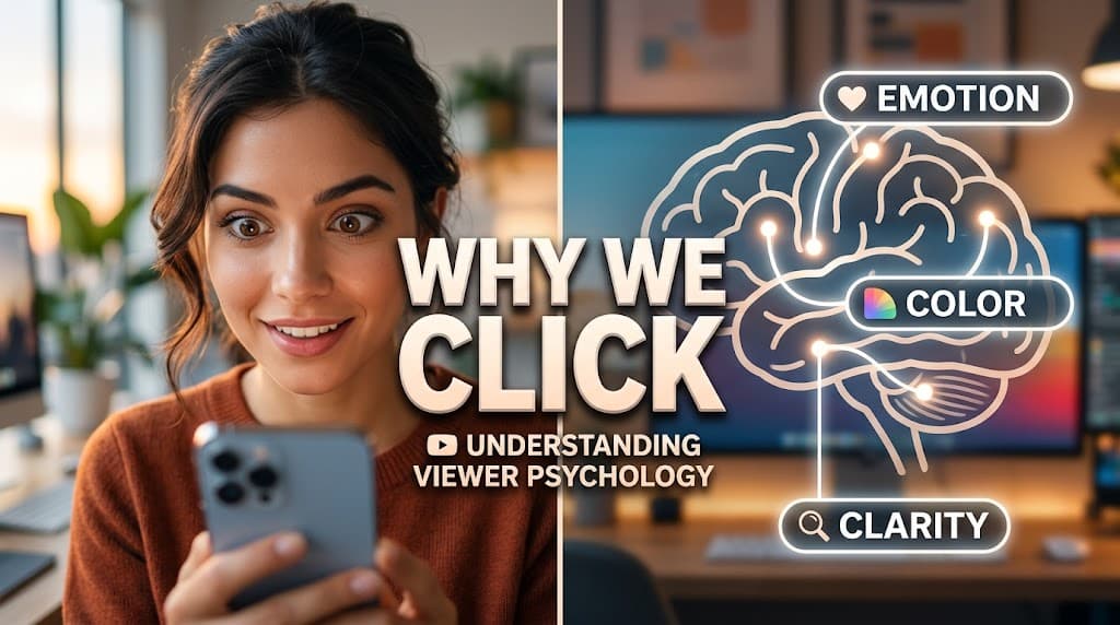 Split-screen infographic showing curious woman on phone and brain diagram explaining why viewers click YouTube thumbnails
