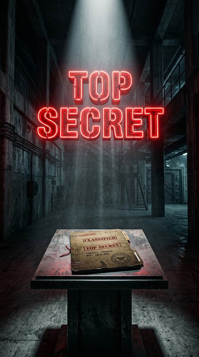 Dimly lit subterranean concrete vault with TOP SECRET glowing neon red text and classified folder on metal table for YouTube Shorts background