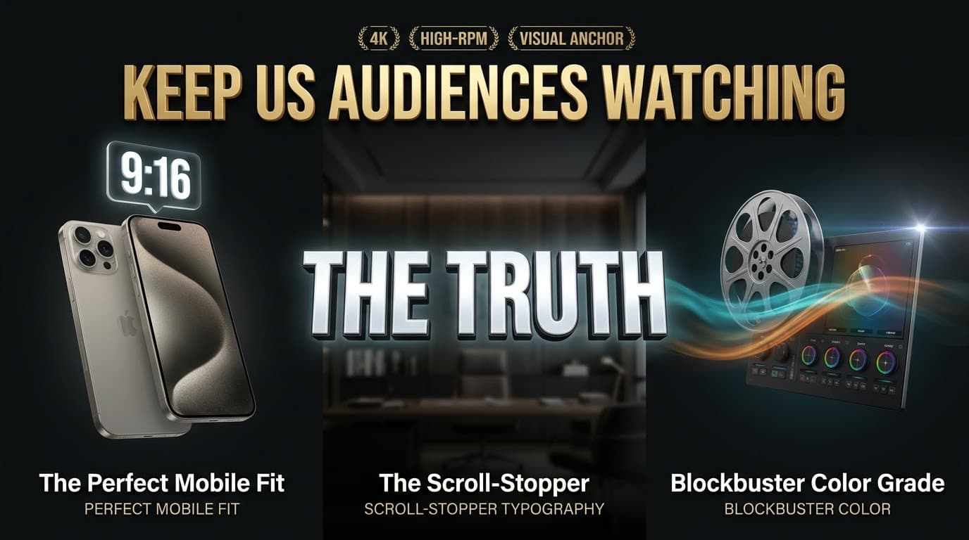 16:9 banner showing iPhone with 9:16 tag, 3D text THE TRUTH, and color grading panel explaining why cinematic text hooks keep US audiences watching