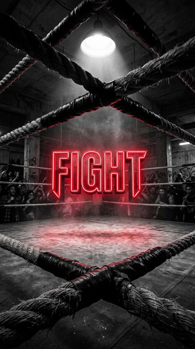 Dramatic vertical view through worn ropes of an underground boxing ring at midnight. Glowing crimson red neon 3D text reads FIGHT in the center under a harsh cinematic spotlight. Dust and sweat particles in the air with raw athletic energy.