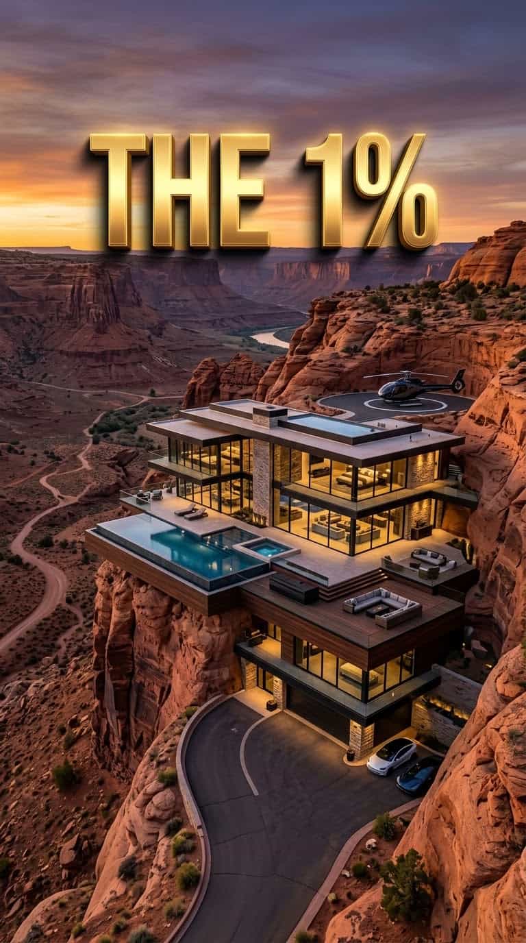 Cinematic drone shot of luxury subterranean mansion carved into Utah red rocks with THE 1% glowing gold text for YouTube Shorts background