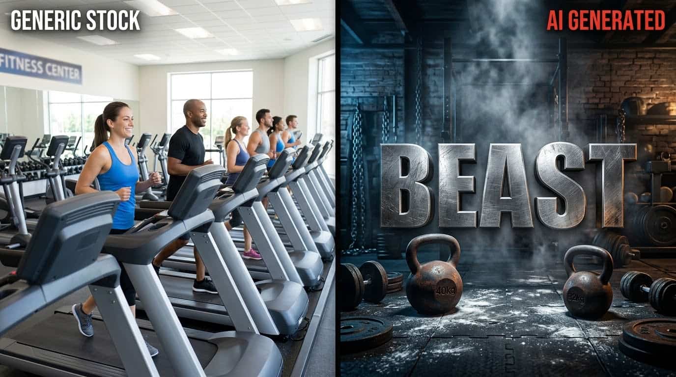 Split screen comparison of generic bright commercial gym vs dark gritty AI generated BEAST gym background for YouTube Shorts retention
