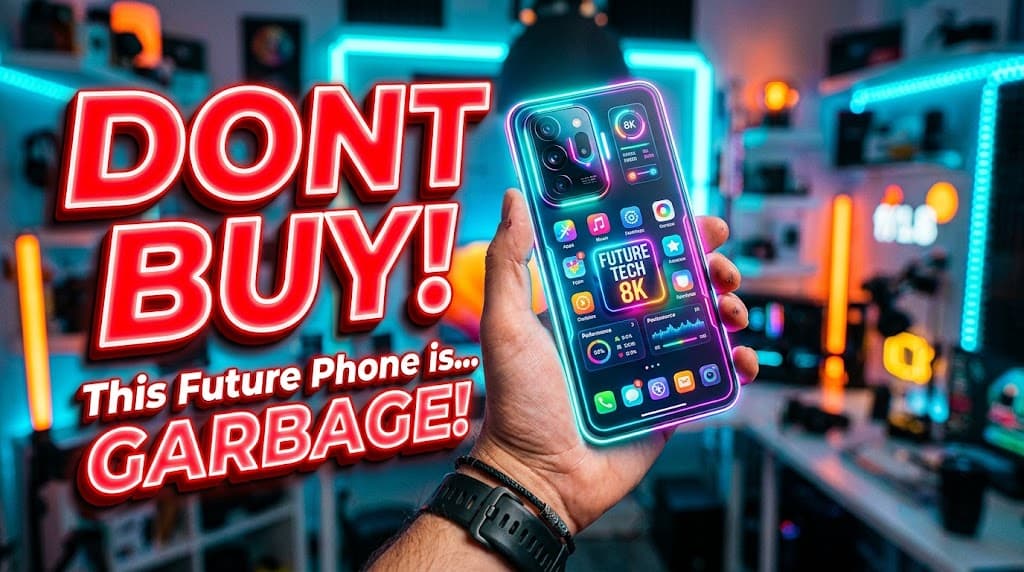 DON'T BUY tech youtube thumbnail prompt example for US audience showing human hand holding glowing futuristic smartphone with neon red 3D text and cyan orange studio lighting