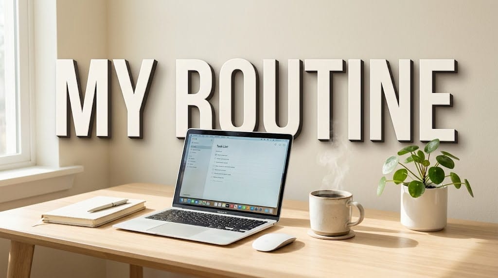Minimalist aesthetic morning routine thumbnail with wooden desk, laptop, steaming coffee mug, plant, and bold MY ROUTINE text