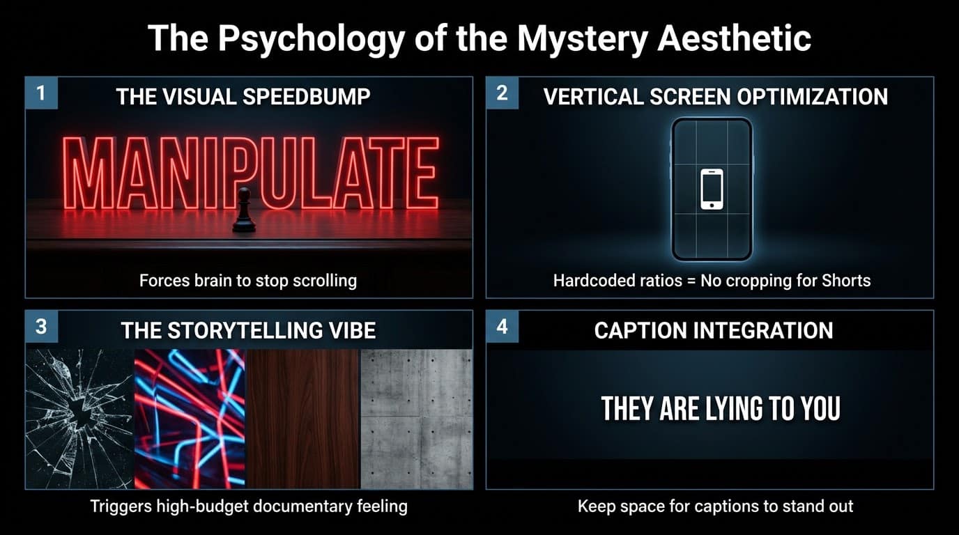 16:9 infographic showing 4 psychology principles of Mystery Aesthetic with MANIPULATE neon, vertical phone, textures, and captions for AI prompts for psychology YouTube Shorts