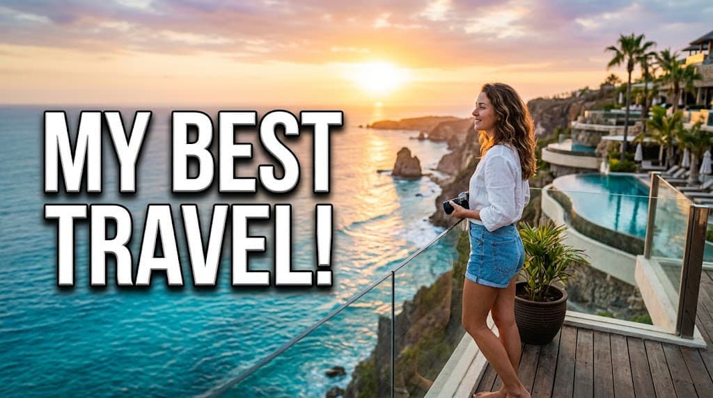 Luxury travel vlog youtube thumbnail prompt example showing woman on cliffside resort balcony at golden hour sunset with MY BEST TRAVEL text