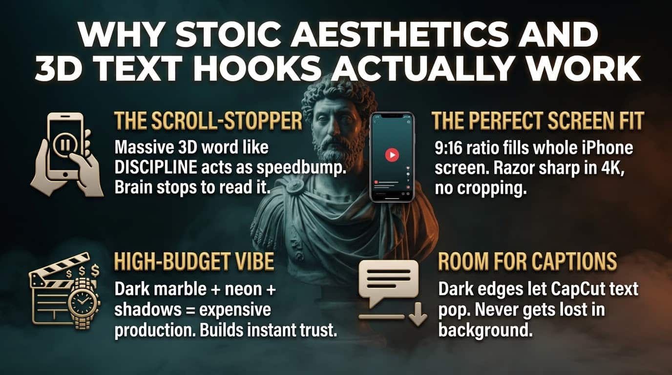Why Stoic Aesthetics and 3D Text Hooks Actually Work - 4 Reasons Infographic for YouTube Shorts
