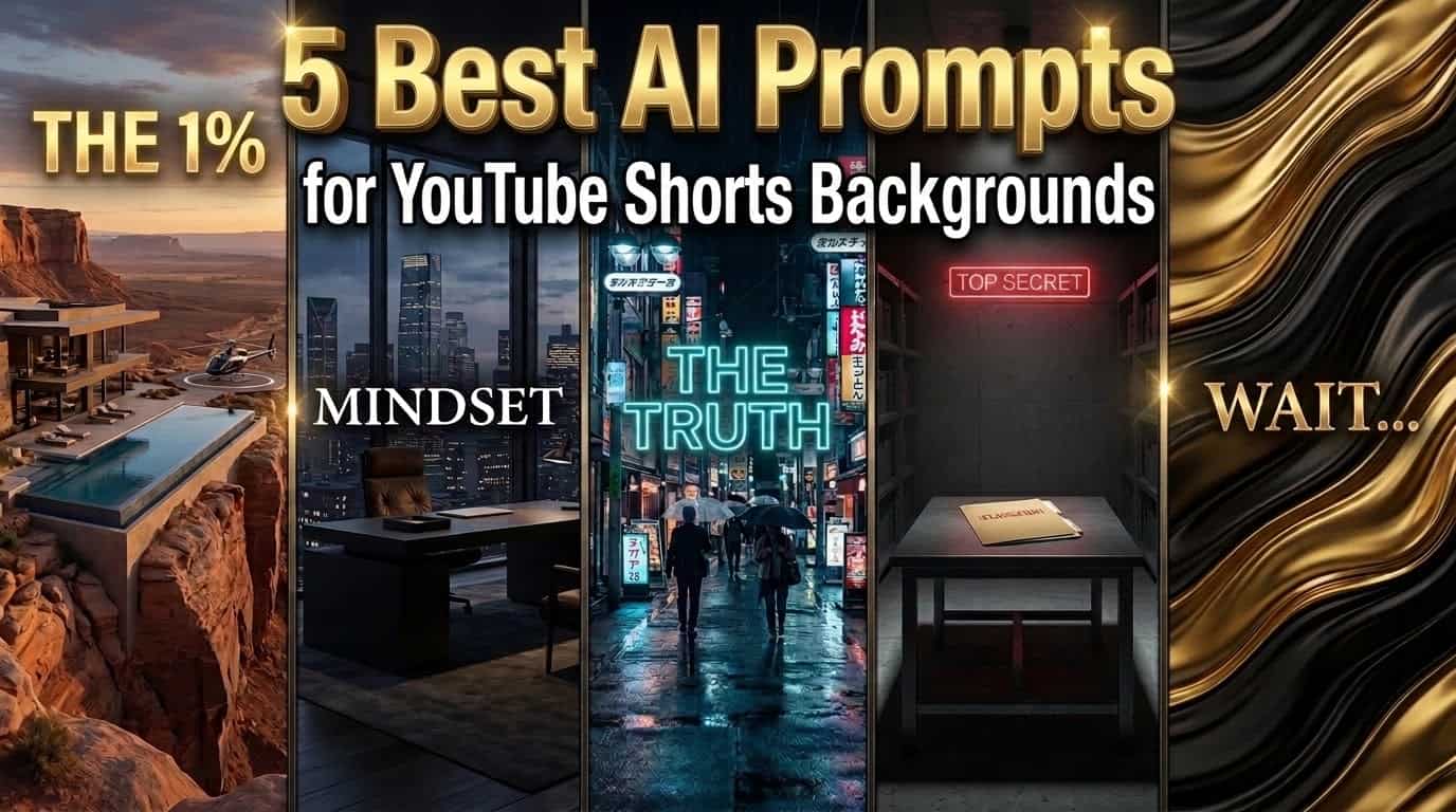 5 Best AI Prompts for YouTube Shorts Backgrounds with luxury mansion, executive office, neon city, secret vault and abstract gold waves