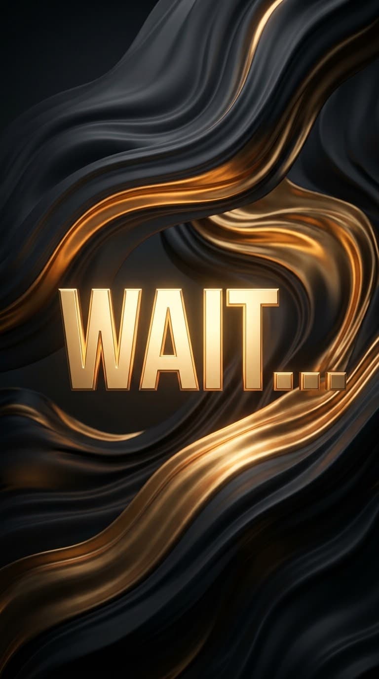 High-end 3D abstract background with liquid dark grey and metallic gold waves and WAIT glowing text for YouTube Shorts background