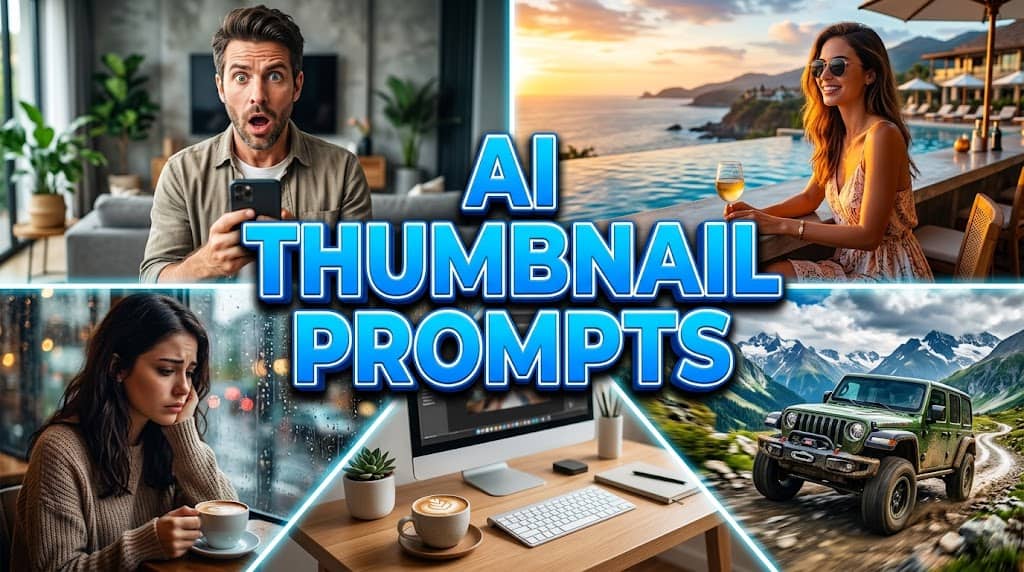 AI generated collage of vlog youtube thumbnail prompts showing shocked man, luxury travel, rainy cafe, and road trip scenes for lifestyle creators