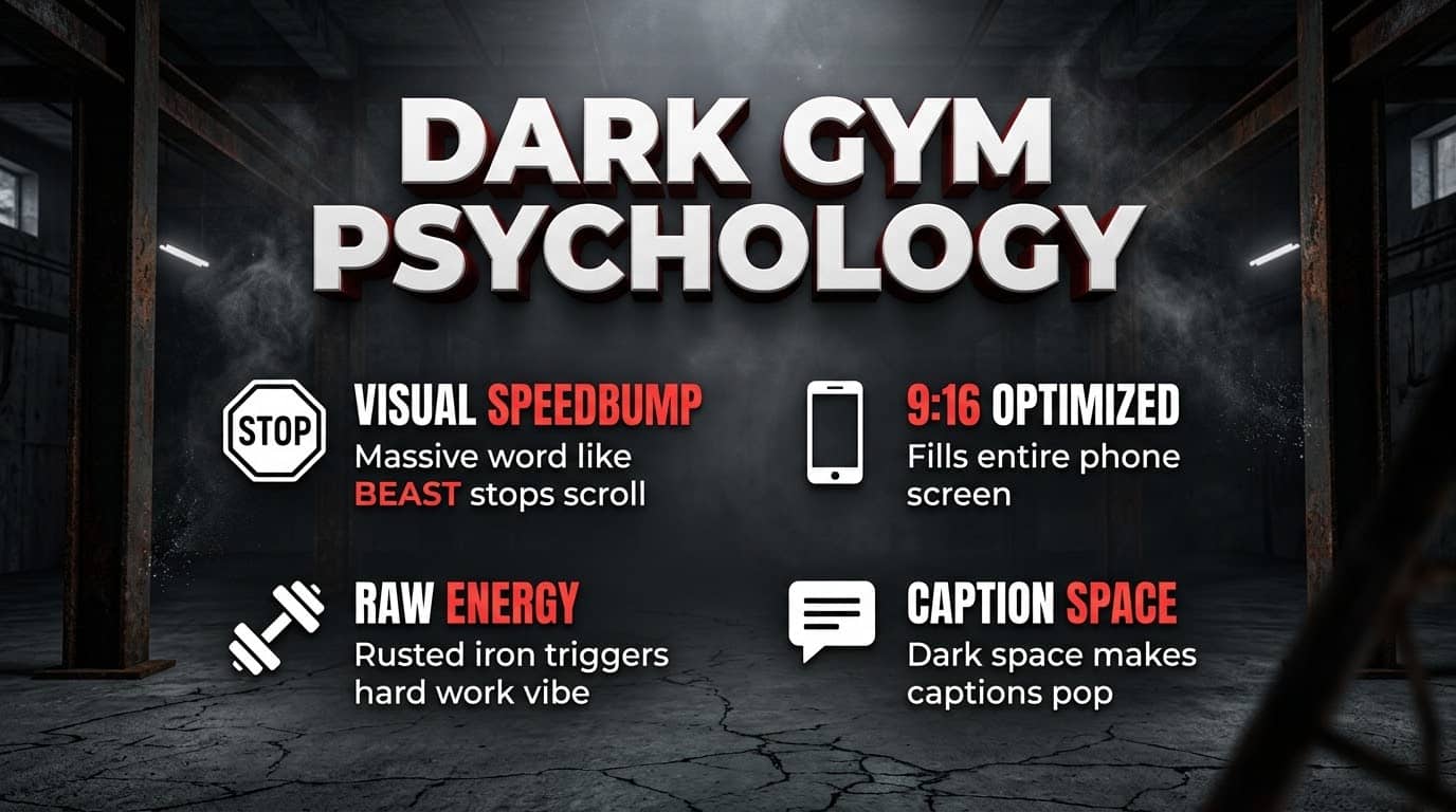 Infographic showing 4 psychology reasons for dark gym aesthetic: Visual Speedbump, 9:16 Optimized, Raw Energy, Caption Space for YouTube Shorts
