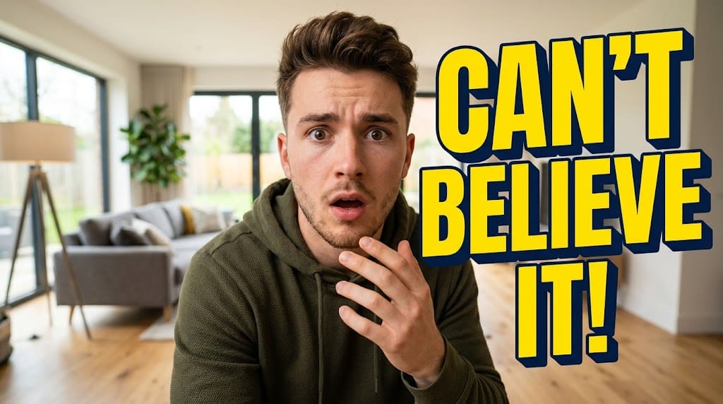 Shocked reaction vlog youtube thumbnail prompt example showing young man in modern living room with bold yellow text CAN'T BELIEVE IT