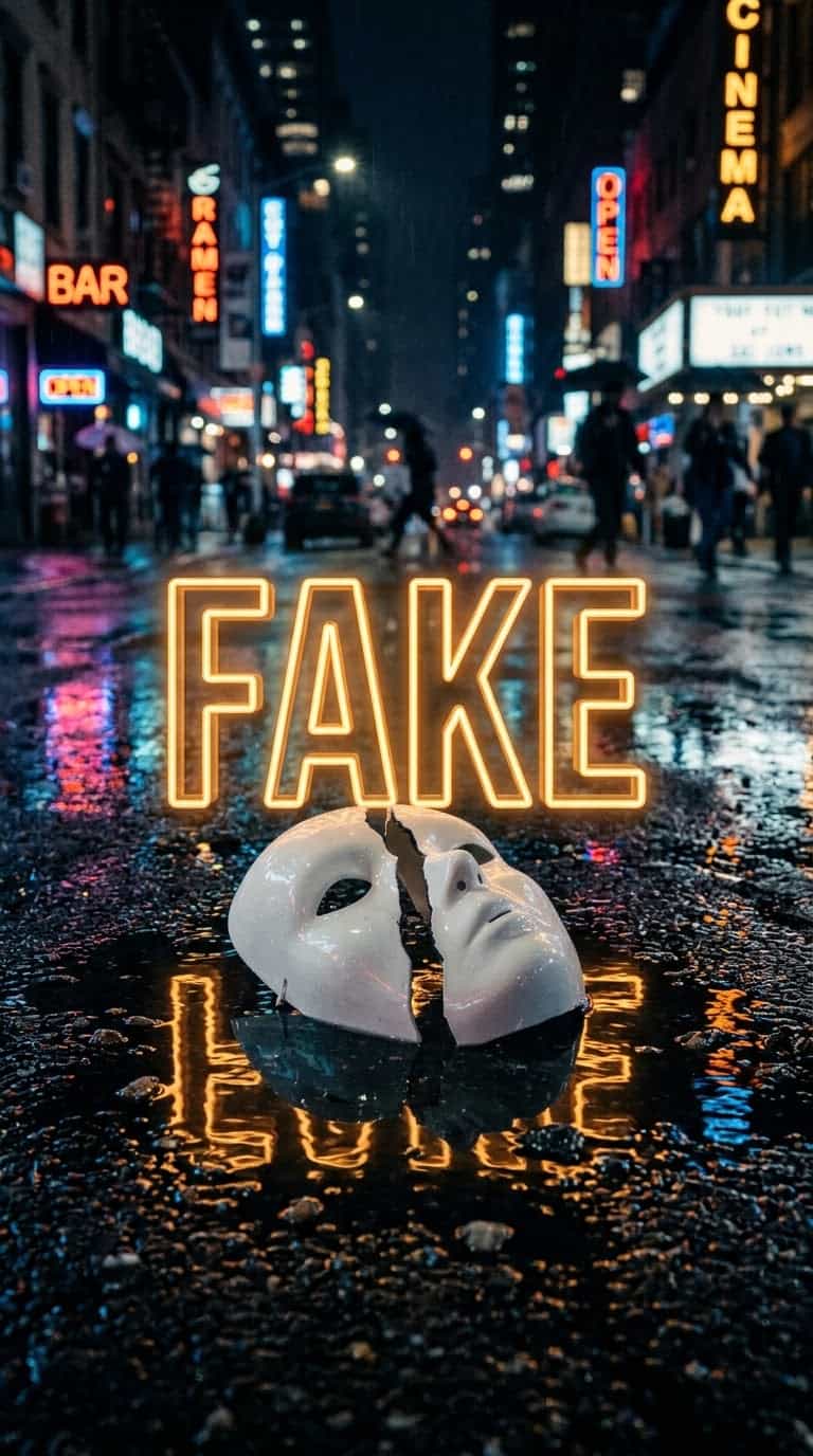 Cracked white theater mask on wet night street with glowing amber FAKE neon text for AI prompts for psychology YouTube Shorts