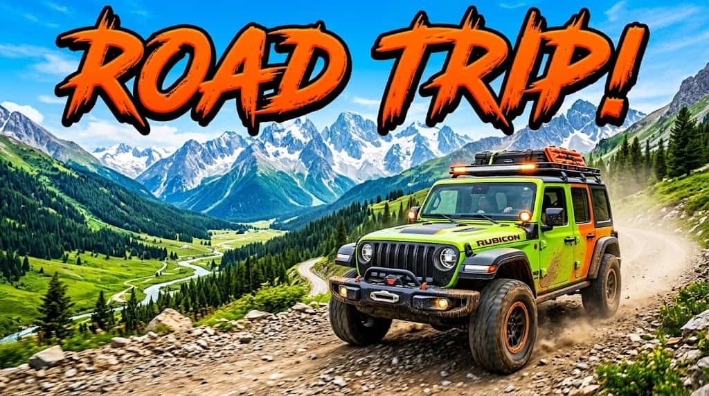Cinematic adventure thumbnail showing green off-road jeep driving through mountain valley with bold orange ROAD TRIP text