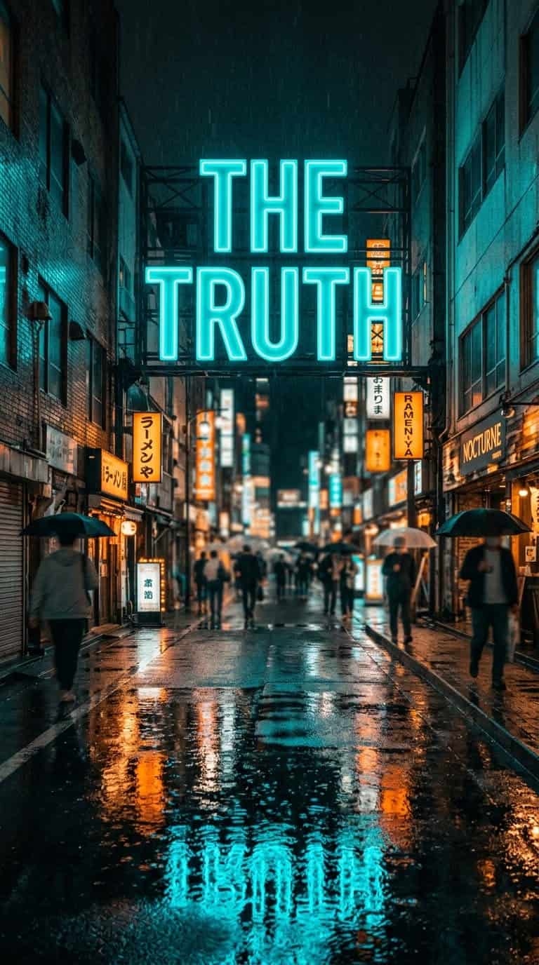 Dark rainy neon city street at night with THE TRUTH glowing cyan text reflecting in puddles for YouTube Shorts background