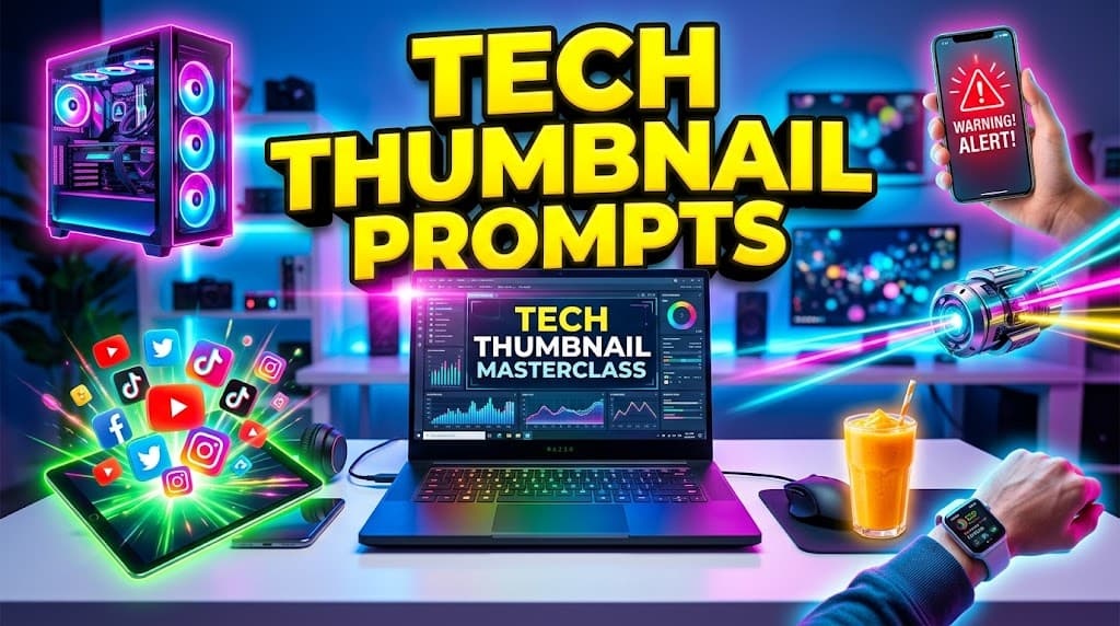 Best AI tech youtube thumbnail prompts 2026 - High CTR neon style collage showing gaming PC, smartphone warning, app icons, biohacking setup and secret tech for tech reviews