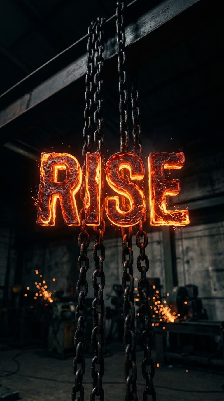 Powerful vertical shot of heavy industrial steel lifting chains in a pitch-black warehouse gym. Glowing molten lava 3D text reads RISE in the center with sparks flying in the background. Epic dramatic lighting and raw power aesthetic.