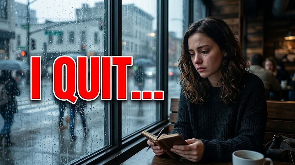 Emotional storytelling YouTube thumbnail example with woman in rainy cafe window and bold red I QUIT text