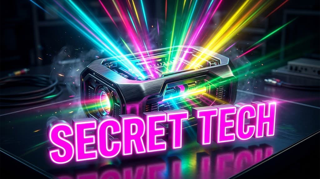 SECRET TECH youtube thumbnail prompt example showing mysterious glowing metallic gadget with explosive rainbow RGB light rays and neon pink 3D text for US tech mystery channels