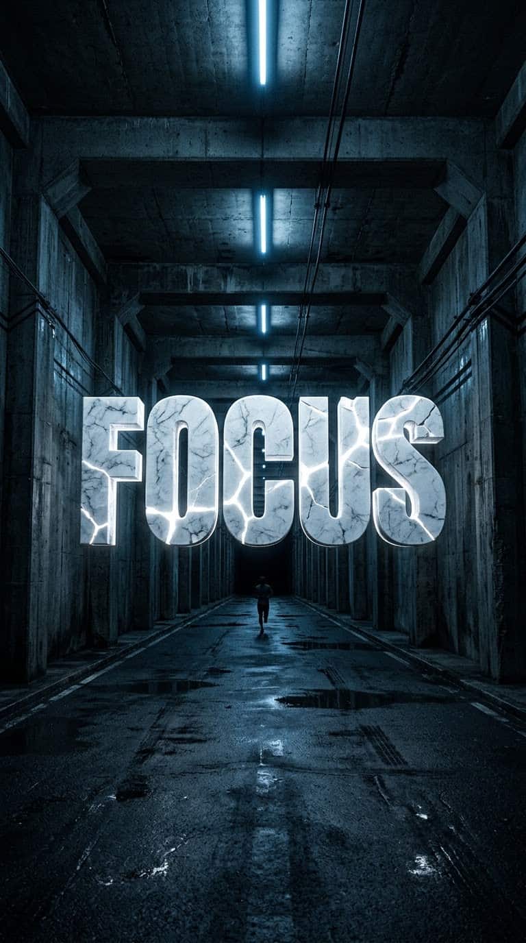 Moody vertical shot of a dark brutalist concrete running tunnel with wet asphalt. Cold blue neon lights reflect on the ground. Massive cracked white marble 3D text reads FOCUS in the center. Cinematic isolation vibe with a lone runner in the distance.