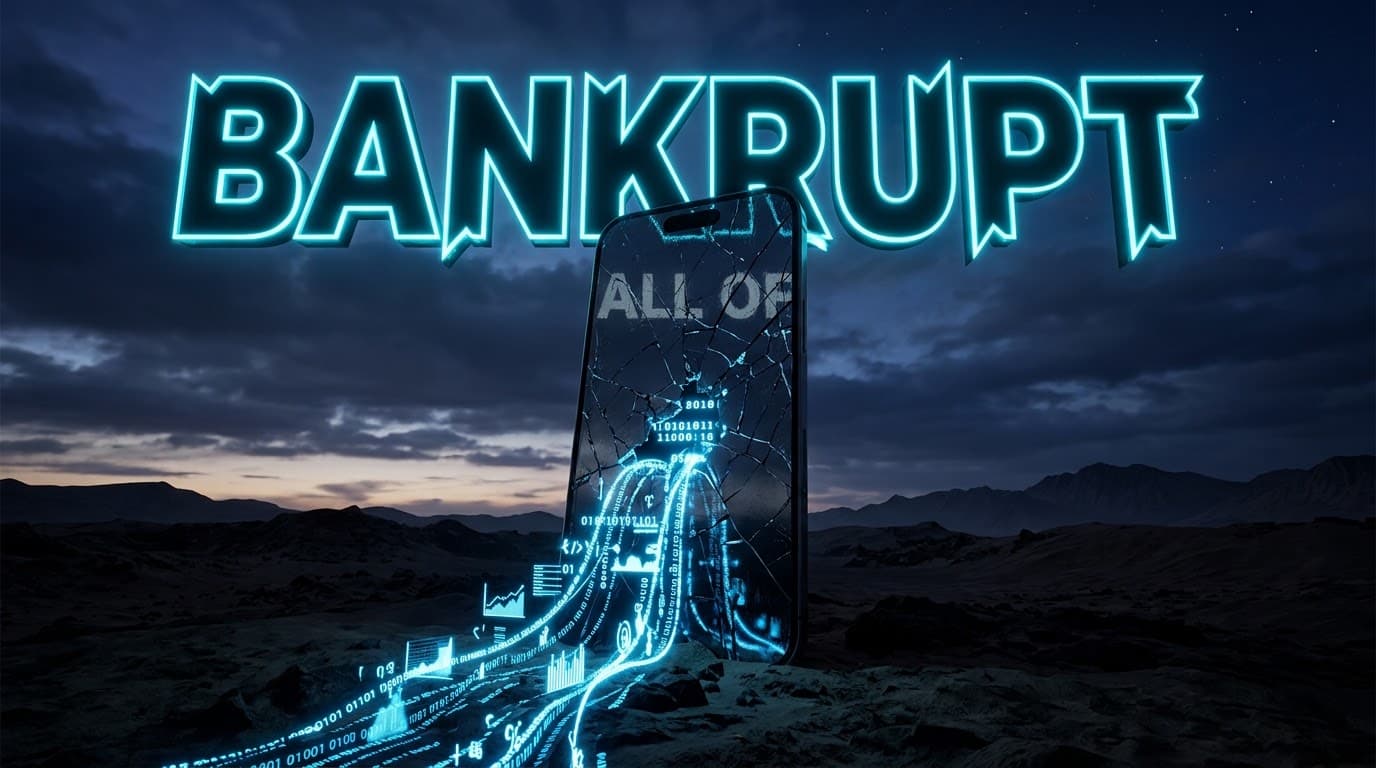 BANKRUPT Shattered Smartphone Thumbnail - Tech Corporate Failure AI Prompt Example Leonardo AI