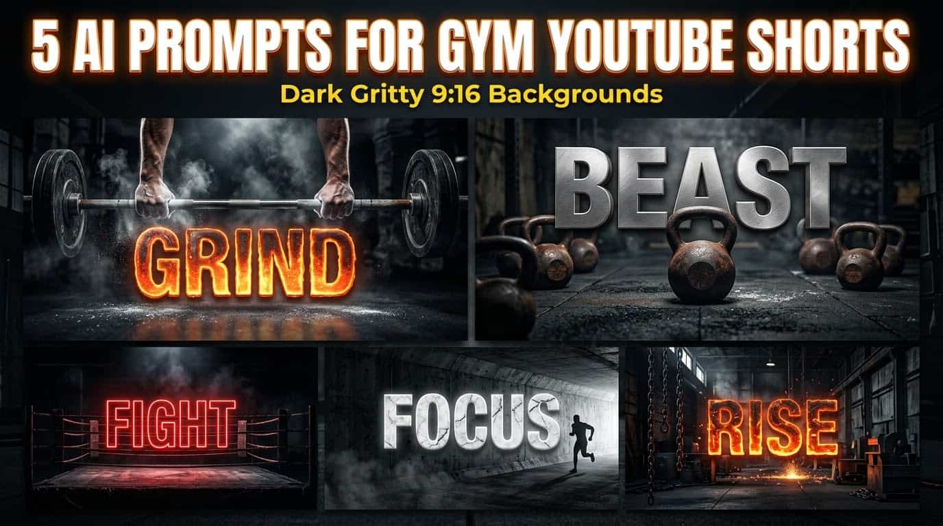 5 AI prompts for gym YouTube Shorts featuring dark gritty 9:16 backgrounds. Collage of GRIND barbell, BEAST kettlebells, FIGHT boxing ring neon sign, FOCUS running tunnel, and RISE industrial chains. High contrast fitness motivation backgrounds for content creators.