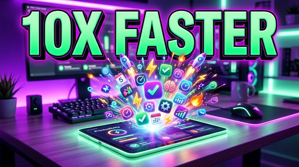 10X FASTER tech youtube thumbnail prompt example for productivity showing glowing tablet with colorful app icons exploding and neon purple mint green lighting for US creators