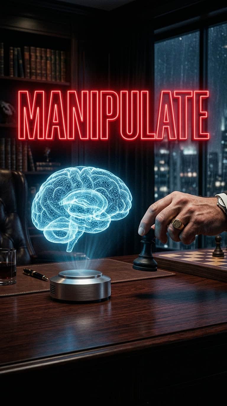 Dark executive desk with glowing blue wireframe brain hologram and hand moving black chess pawn with red neon MANIPULATE text for AI prompts for psychology YouTube Shorts