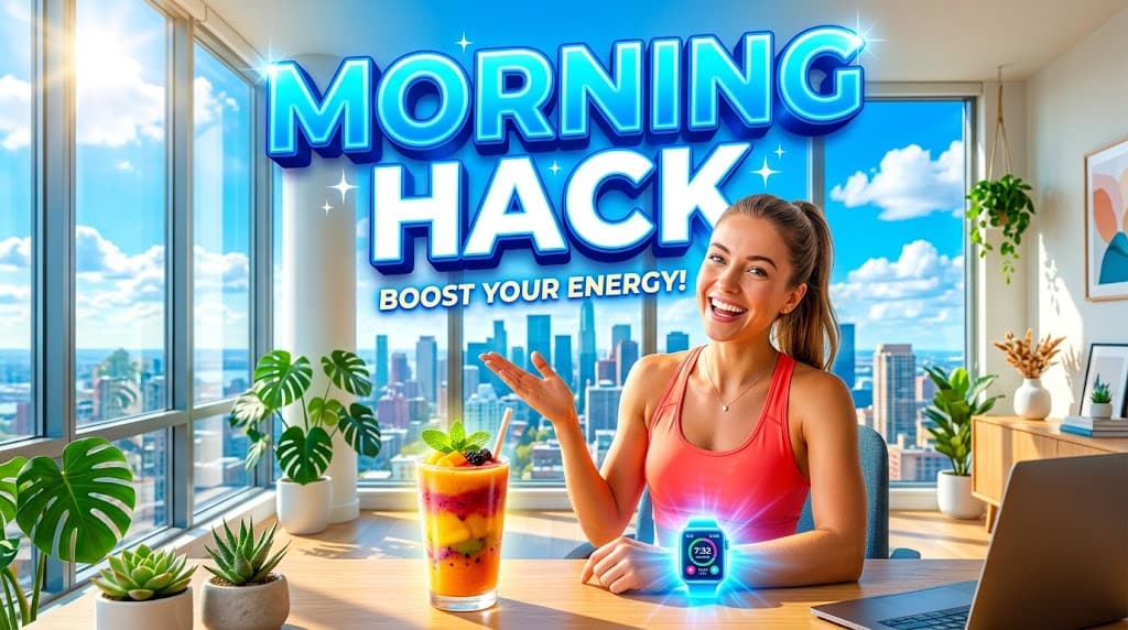MORNING HACK tech youtube thumbnail prompt example for US lifestyle creators showing sunlit modern room, smartwatch, colorful fruit smoothie and 3D electric blue text with city skyline