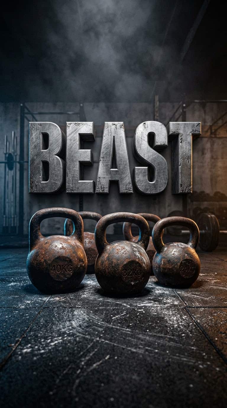 Cinematic vertical low-angle shot of massive rusted iron kettlebells on a distressed black rubber gym floor. Aggressive brushed titanium 3D text reads BEAST in the center. Dark moody atmosphere with cold blue and amber rim lighting, volumetric fog, and gritty workout textures.