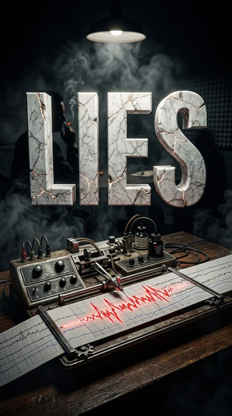 Vintage polygraph lie detector machine with glowing red line and cracked marble LIES text in dark interrogation room for AI prompts for psychology YouTube Shorts
