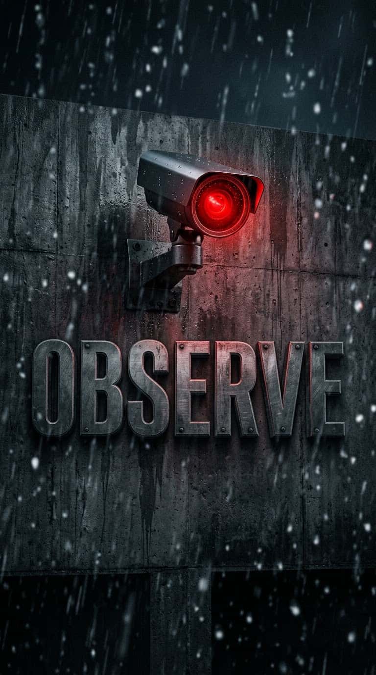 Security camera with red glowing lens on wet concrete wall with OBSERVE steel text for AI prompts for psychology YouTube Shorts