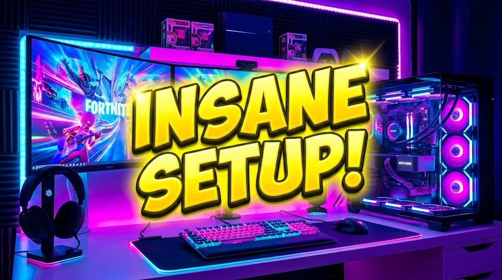 Example of tech youtube thumbnail prompts showing INSANE SETUP design with neon pink and electric blue RGB gaming PC, dual monitors, and 3D yellow text for US tech channels