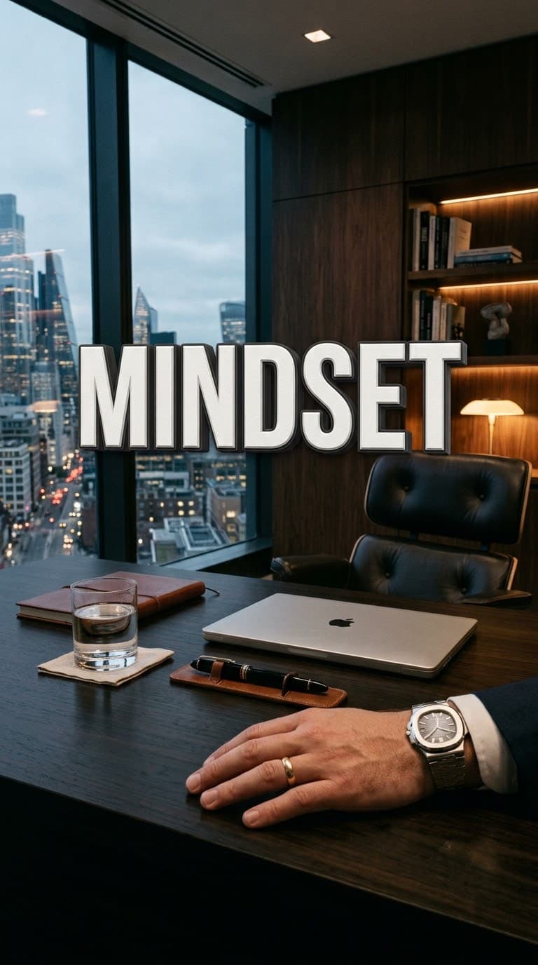 Luxury executive office desk with MINDSET white 3D text, city skyline view and premium fountain pen for YouTube Shorts background