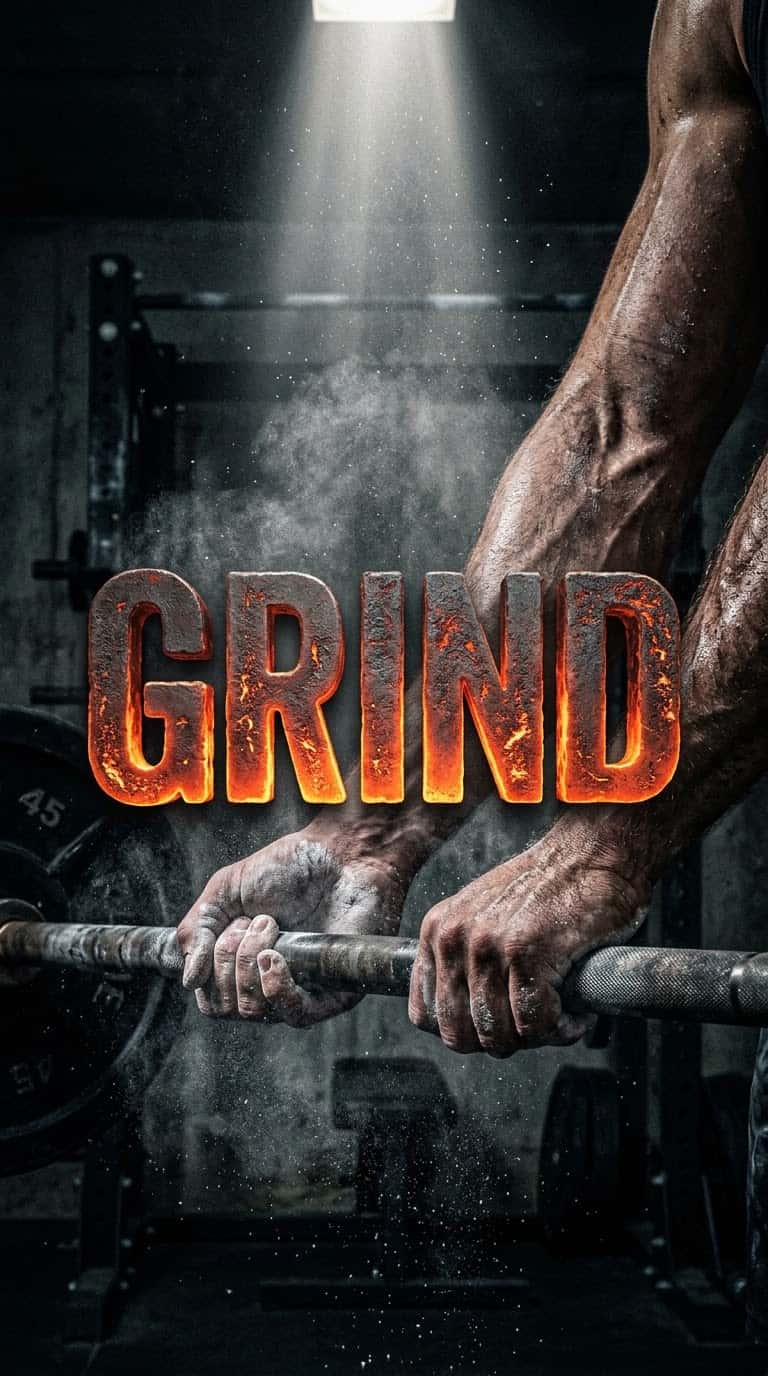Hyper-detailed vertical close-up of chalked hands gripping a worn knurled Olympic barbell in a dark underground gym. Glowing hot iron 3D text reads GRIND in the center. High contrast lighting with chalk dust and sweat droplets.