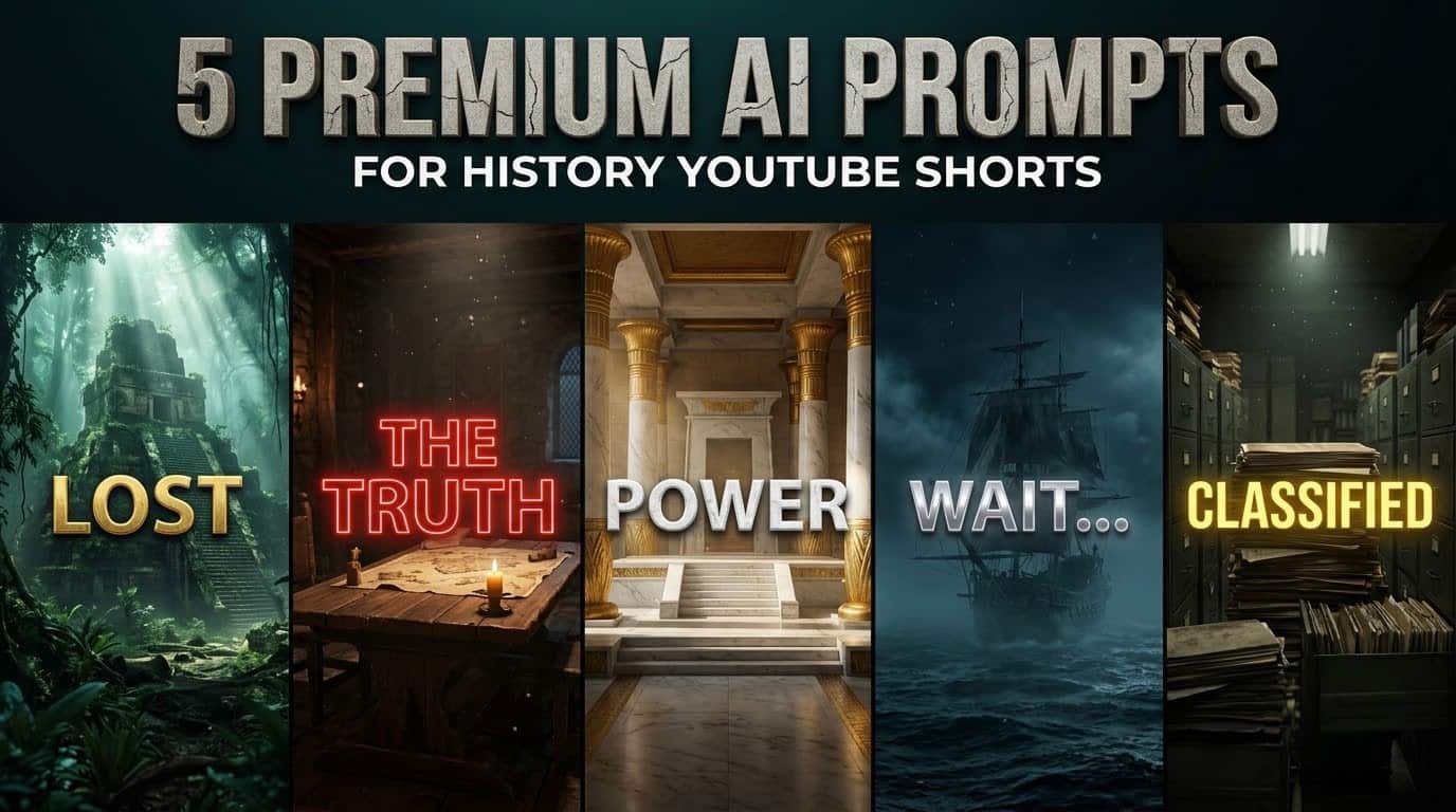 Cinematic 16:9 collage of 5 dark history scenes with title 5 Premium AI Prompts for History YouTube Shorts. Shows LOST Mayan temple, THE TRUTH medieval war room, POWER Egyptian throne, WAIT ghost ship, CLASSIFIED secret archive