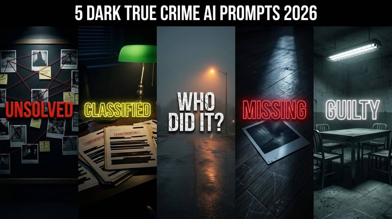 5 Dark True Crime AI Prompts 2026 collage with UNSOLVED CLASSIFIED WHO DID IT MISSING GUILTY backgrounds for faceless YouTube Shorts
