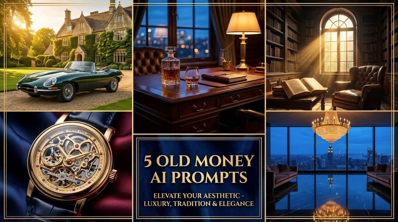 5 panel collage of old money luxury aesthetic featuring vintage green sports car, executive desk with whiskey, dark academia library, gold skeleton watch, and luxury penthouse with chandelier