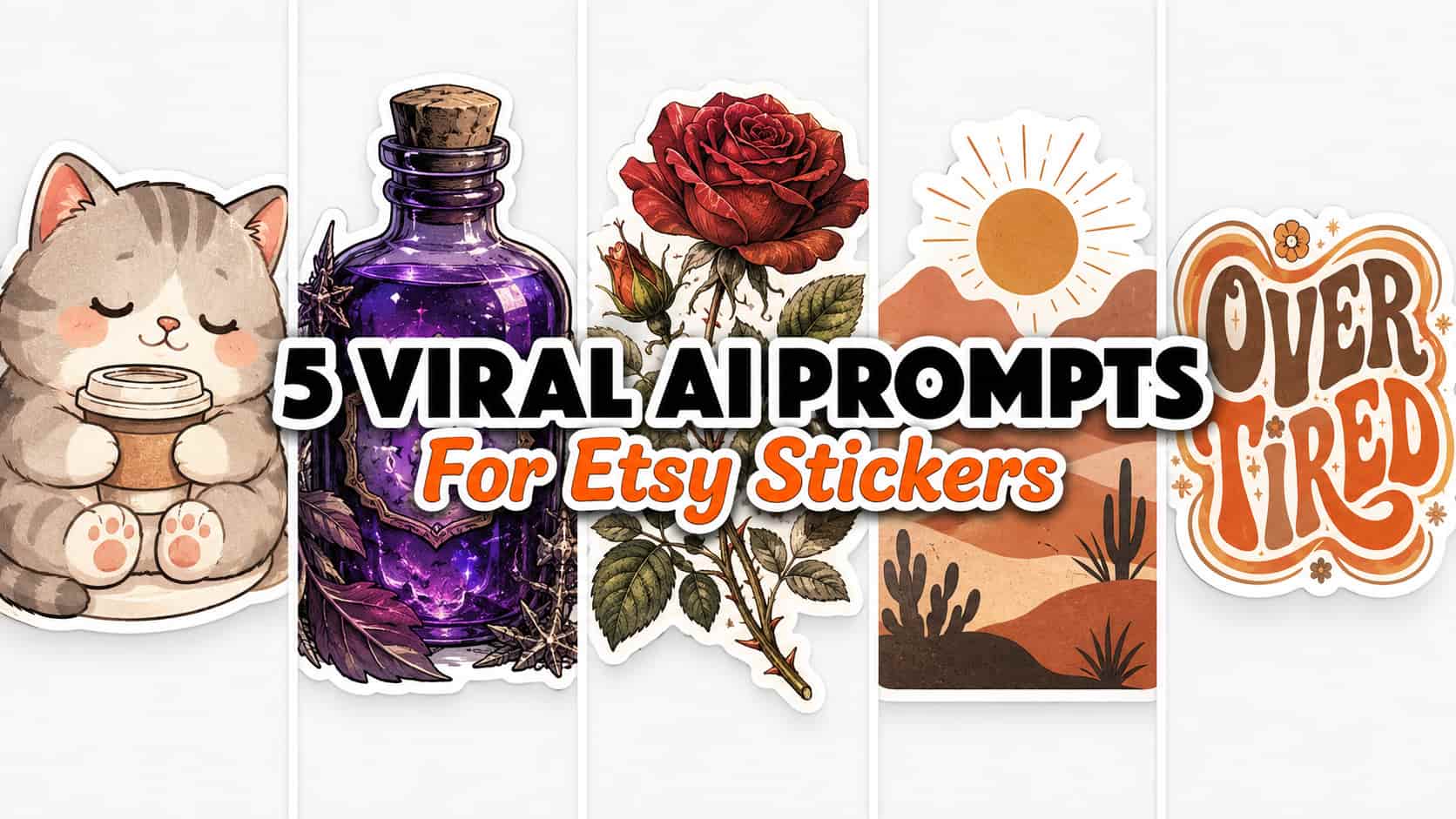 5 viral AI prompts for Etsy stickers featured collage including kawaii cat dark academia potion vintage rose boho sun and retro typography