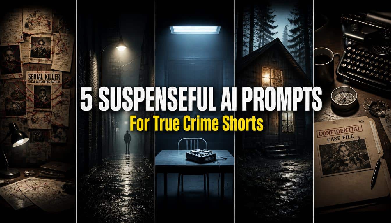 5 suspenseful AI prompts for true crime shorts collage with evidence board, foggy alley, interrogation room, abandoned cabin and detective desk noir aesthetic