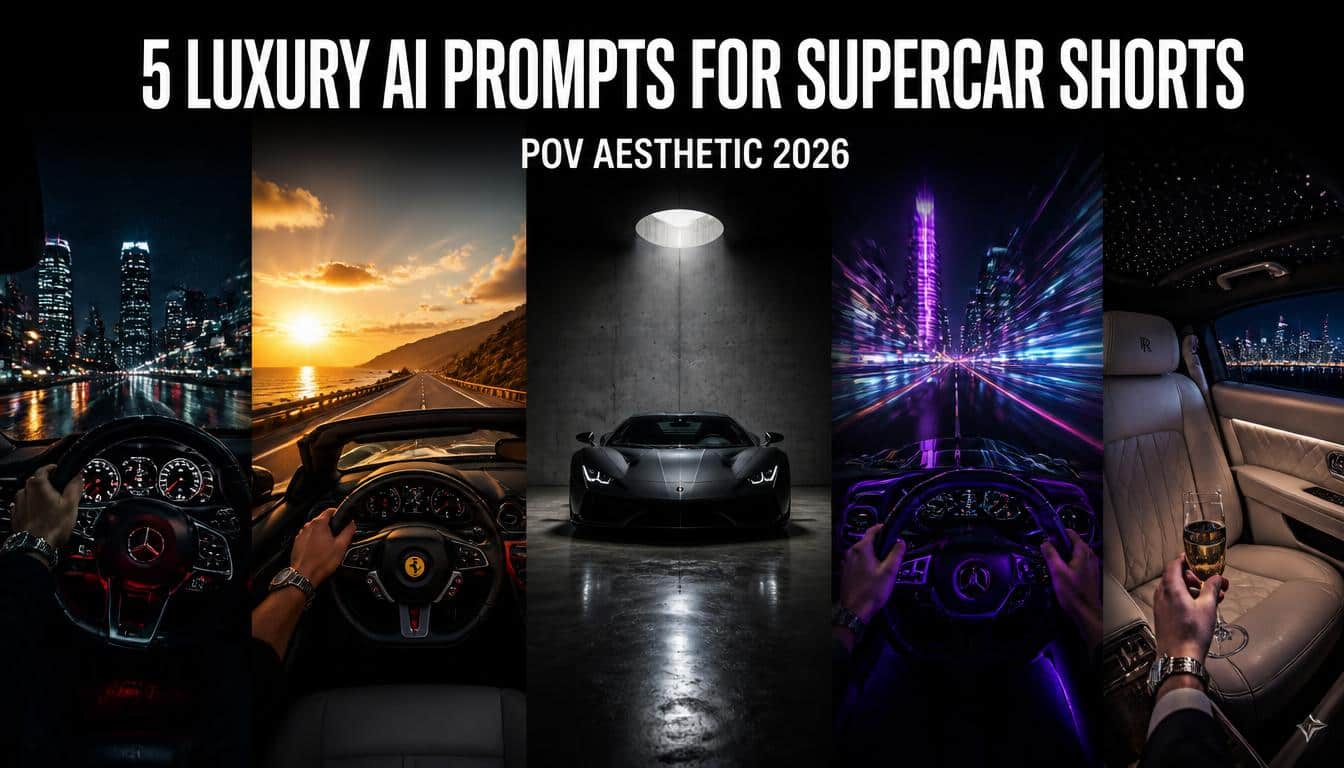 5 luxury ai prompts for supercar shorts collage with midnight city drive golden hour coastal hypercar garage neon cyberpunk and rolls royce backseat pov